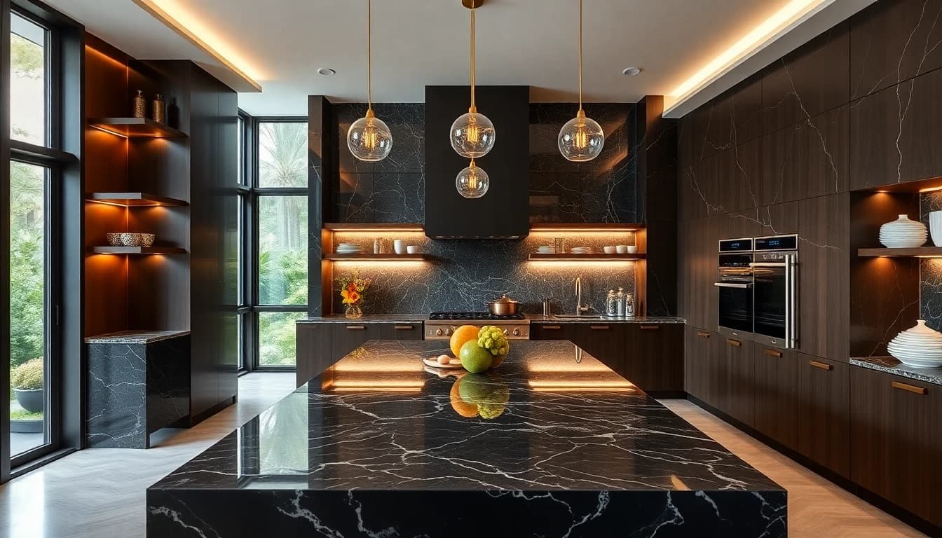 AI design kitchen with dark marble island and gold accents
