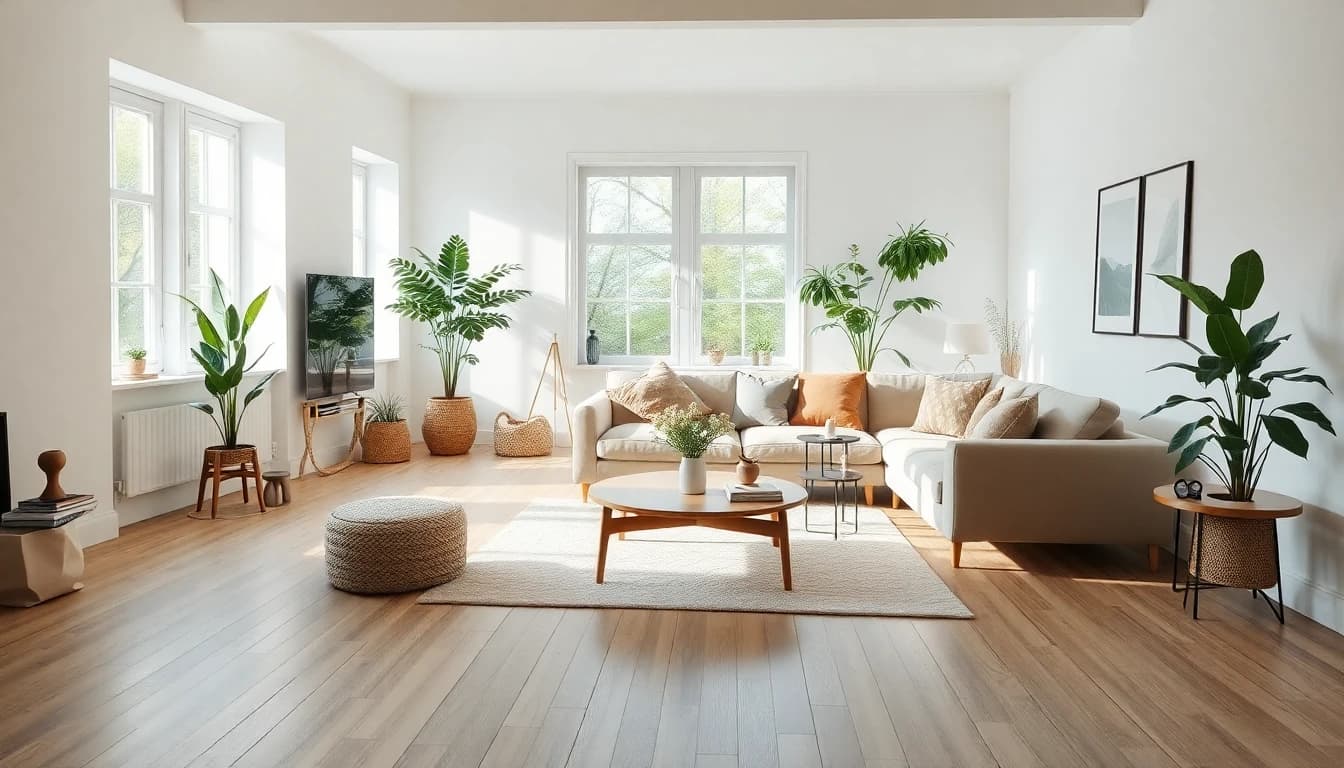 AI interior design Scandinavian living room with natural light and plants