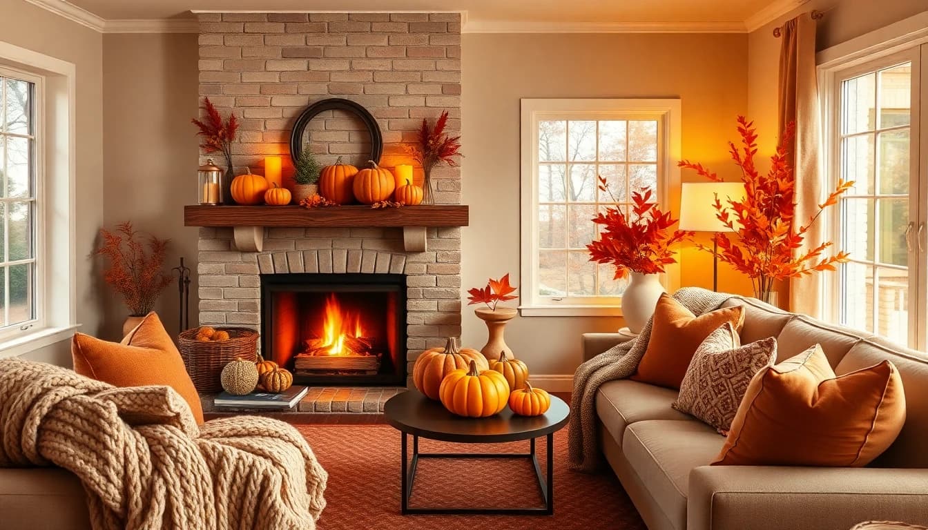 AI fall autumn living room design with warm tones and cozy decor